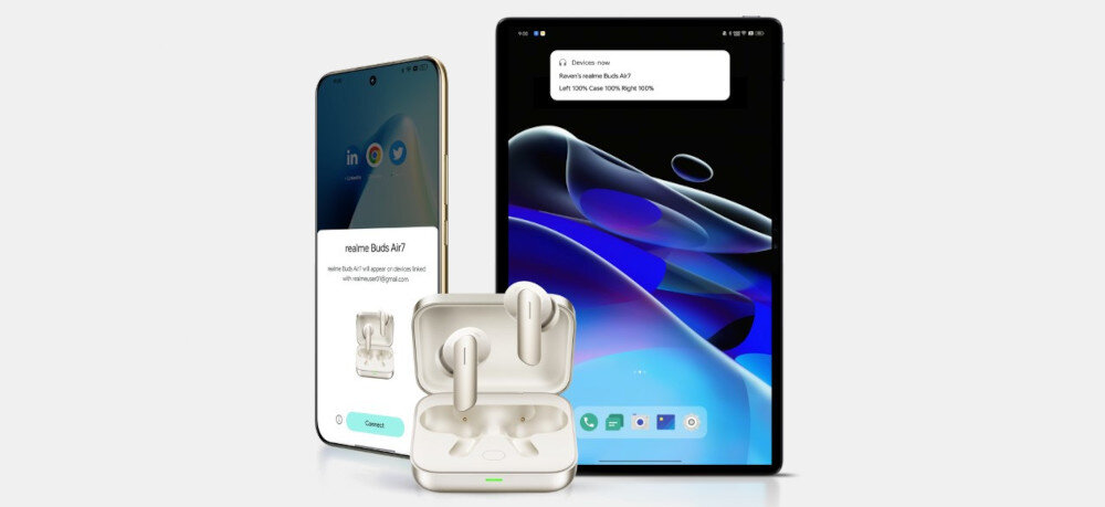 Słuchawki dokanałowe REALME Buds Air 7 - Łączność z dwoma urządzeniami, słuchawki dokanałowe z etui ładującym z smartfonem i tabletem