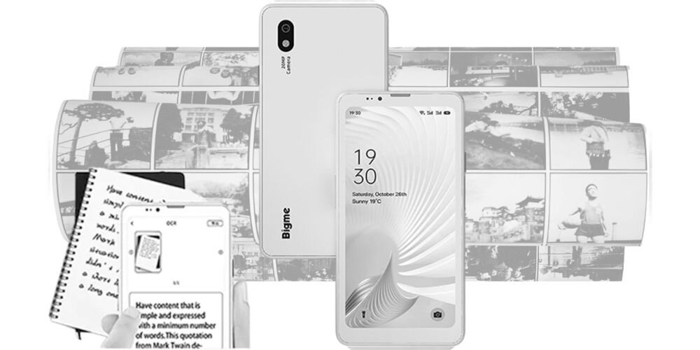 Czytnik e-booków BIGME Hibreak Pro 6.13 cala, Podświetlany ekran, Wi-Fi prezentacja urządzenia na tle fotografii i notatek tylny aparat 20 MP skanowanie dokumentów automatyczne rozpoznawanie tekstu OCR digitalizacja notatek paragonów ważnych dokumentów fotografowanie wyraźne i szczegółowe zdjęcia