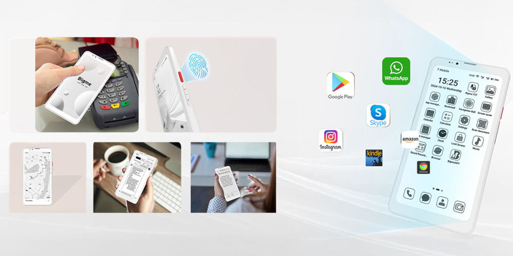Czytnik e-booków BIGME Hibreak Pro 6.13 cala, Podświetlany ekran, Wi-Fi prezentacja możliwości urządzenia i możliwych aplikacji do zainstalowania płatność linie papilarne notatki Android 14 Sklep Google Play prosty i szybki dostęp do aplikacji narzędzia do czytania słuchania muzyki organizacji dnia przejrzysty interfejs