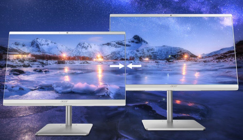 Komputer ACER Aspire C27-195ES Dwa komputery all-in-one z wyświetlanym krajobrazem zimowym, z efektem pokazującym przejście z mniejszego ekranu do większego, wyświetlacz, rozdzielczość, ochrona wzroku, ramki