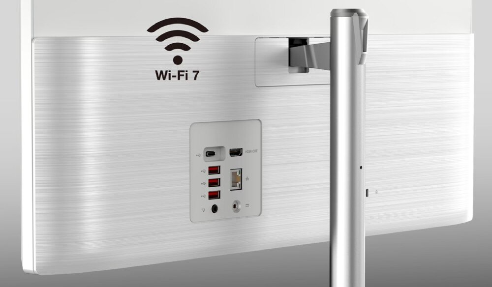 Komputer ACER Aspire C27-195ES Tylny panel obudowy komputera z widocznymi portami, w tym HDMI, USB, USB-C i portem LAN oraz symbolem Wi-Fi 7 nad nimi, porty, złącza, łączność