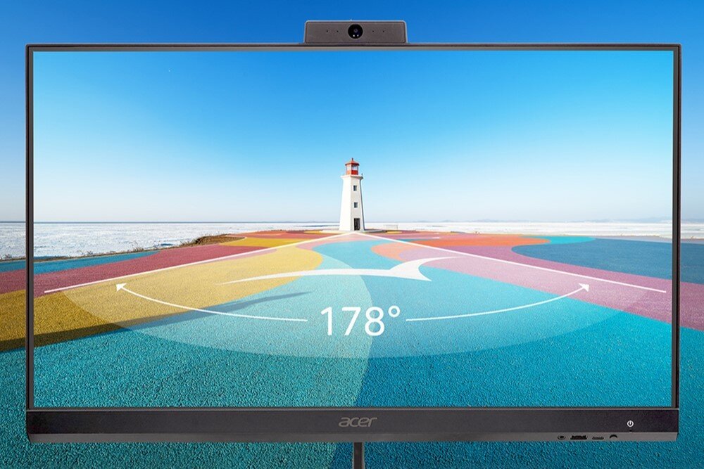 Komputer ACER Aspire C27-2E13U7UNL Zbliżenie na ekran komputera z grafiką przedstawiającą latarnię morską i strzałkami oznaczającymi kąt widzenia 178 stopni, ekran, przekątna, rozdzielczość, ochrona wzroku
