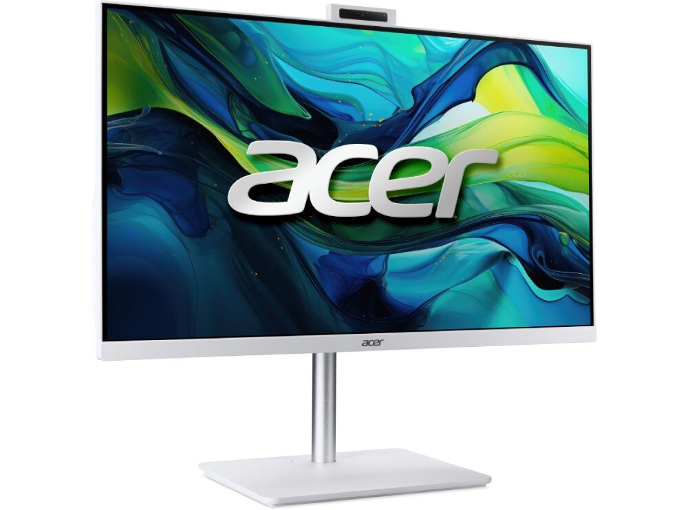 Komputer ACER Aspire C27-1E13U7UNH Widok pod kątem na biały komputer All-in-One ze srebrną podstawą i kolorową grafiką z napisem 'acer' na ekranie 