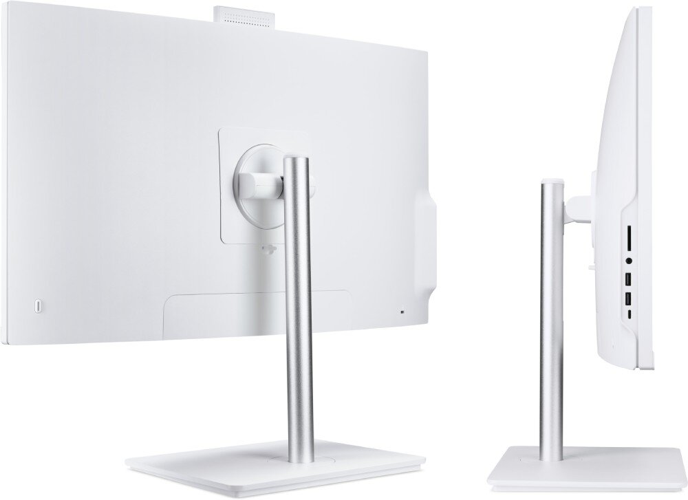 Komputer ACER Aspire C27-1E13U7UNH Tylna obudowa urządzenia z widocznym mocowaniem stojaka oraz widok z boku prezentujący porty USB i czytnik kart 