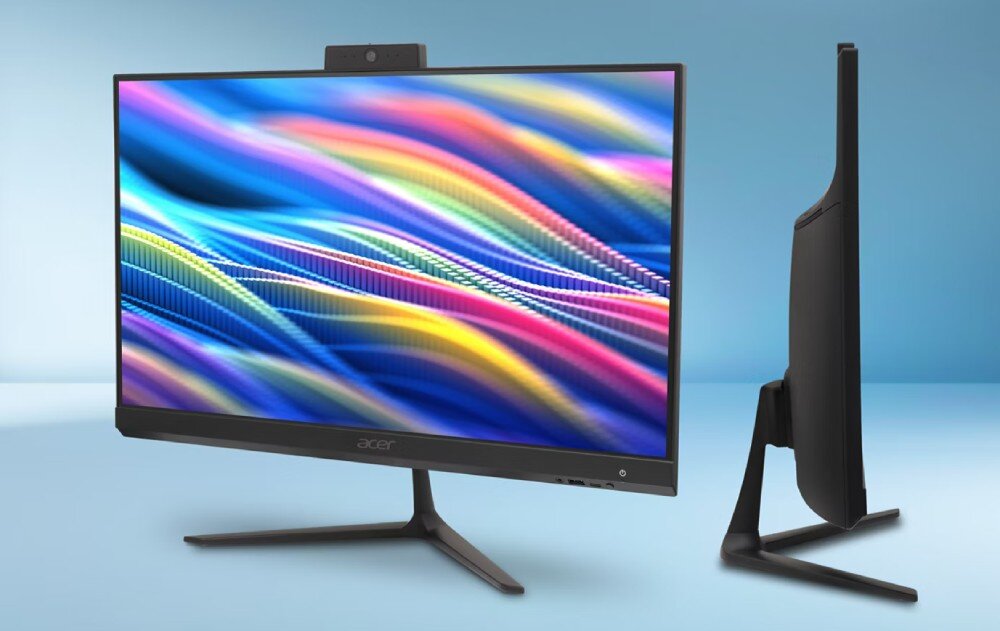 Komputer ACER Aspire C24-2YE13U3UNL Komputer all-in-one widziany od przodu i z boku, ekran wyświetla kolorowe fale, obudowa smukła i czarna, pamięć RAM, dysk SSD