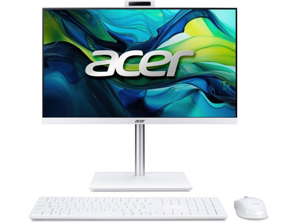 Komputer ACER Aspire C24-1YE13U Widok od frontu na komputer typu all-in-one z białą klawiaturą i myszką, ekran wyświetla kolorową grafikę i logo 'acer', opis
