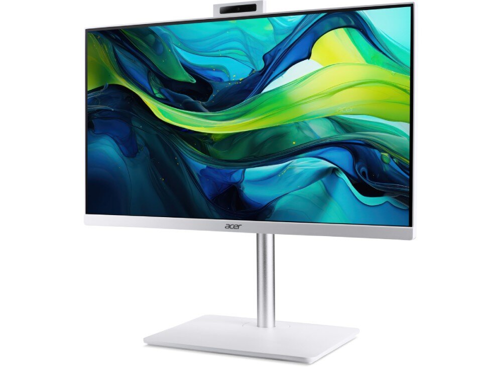 Komputer ACER Aspire C24-1YE13U Komputer all-in-one ustawiony pod lekkim kątem, ekran wypełniony kolorowym tłem i logo 'acer', cechy przeznaczenie, zestaw