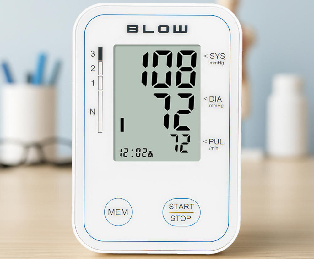 Ciśnieniomierz BLOW PM-02 Czytelne wyniki na ekranie Duży wyświetlacz LCD  prezentacja Szybki i bezproblemowy odczyt ułatwienie monitorowanie wynik zdrowie parametry