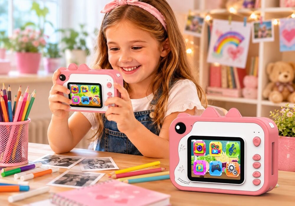 KiddoBoo FotoFun P80 aparat dla dzieci druk termiczny natychmiastowe zdjęcia funkcje multimedialne