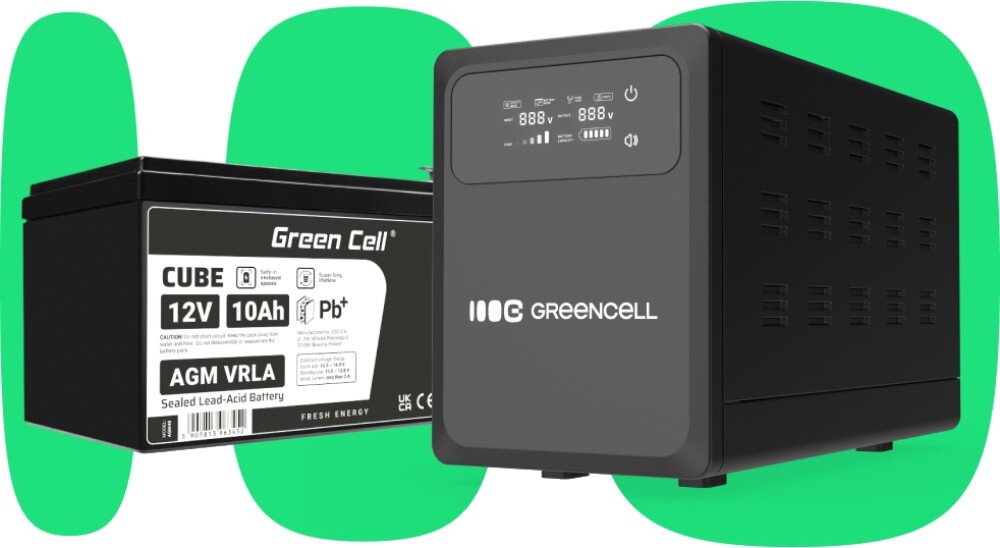 Zasilacz UPS GREENCELL PowerCore 1500VA 1000W Czarna bateria 12V 10Ah oraz czarne urządzenie z wyświetlaczem i logo producenta, funkcje, szybkość przełączania, kompatybilność