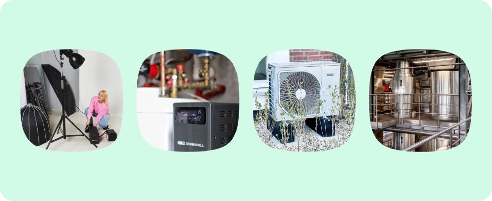 Zasilacz UPS GREENCELL PowerCore 1500VA 1000W Cztery sceny zastosowania urządzenia: sesja fotograficzna z lampami studyjnymi, instalacja wodna, jednostka zewnętrzna klimatyzacji, wnętrze hali przemysłowej z metalowymi zbiornikami, urządzenia, dopasowanie, sinusoida, napięcie