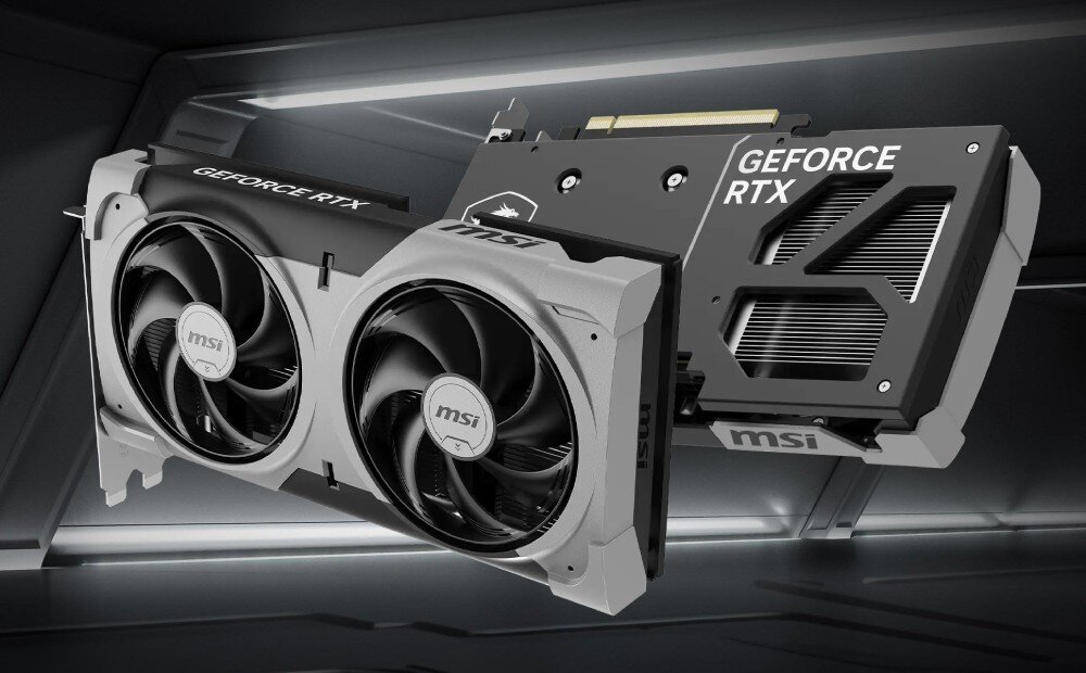 Karta graficzna MSI GeForce RTX 5060 Ti Ventus 2X OC Plus 8GB Karta graficzna MSI pokazana pod kątem – z jednej strony widoczne dwa wentylatory, z drugiej czarna tylna płyta z napisem 'GeForce RTX' oraz dużymi otworami wentylacyjnymi, wielkość, pamięć, rdzenie CUDA, technologie