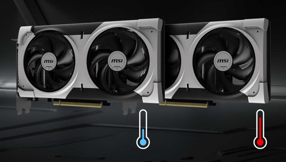 Karta graficzna MSI GeForce RTX 5060 Ti Ventus 2X OC Plus 8GB Porównanie dwóch identycznych kart graficznych MSI – po lewej chłodna, po prawej nagrzana – z ikonami termometrów symbolizującymi różnice w temperaturze pracy, układ chłodzenia, technologia Zero Frozr
