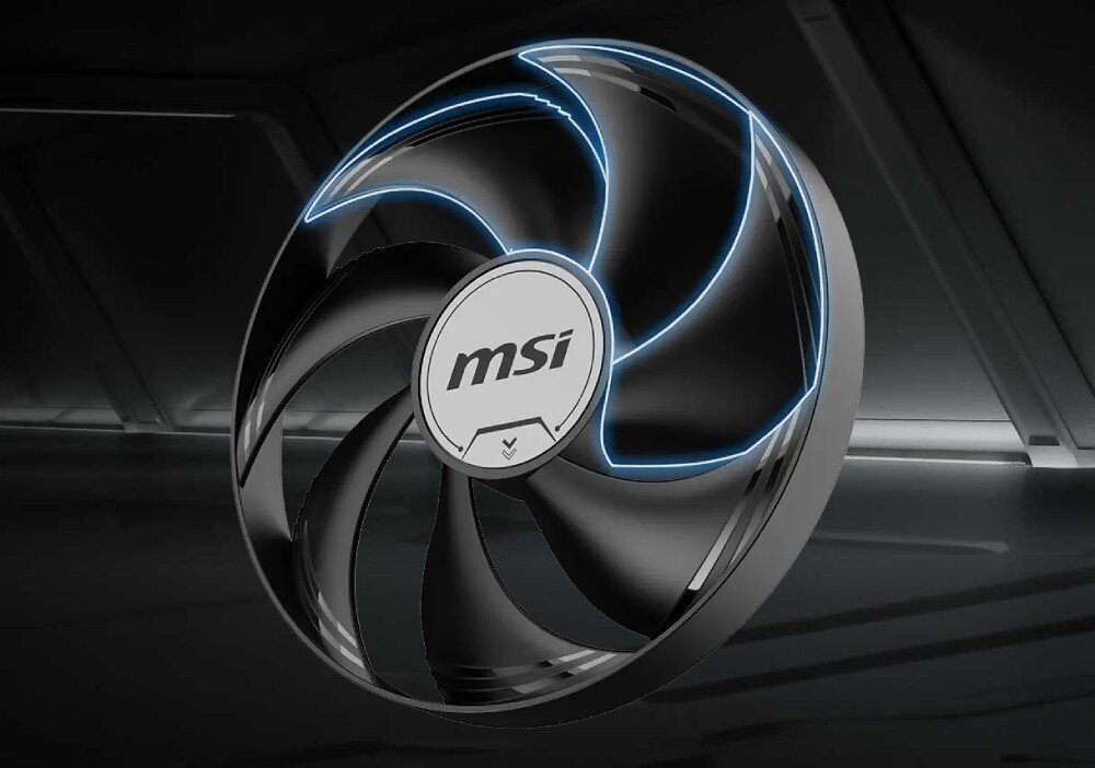 Karta graficzna MSI GeForce RTX 5060 Ti Ventus 2X OC Plus 8GB Zbliżenie na pojedynczy wirnik wentylatora MSI z siedmioma łopatkami, na których krawędziach widoczne są jasne, podświetlone linie, wentylatory, łopatki, głośność