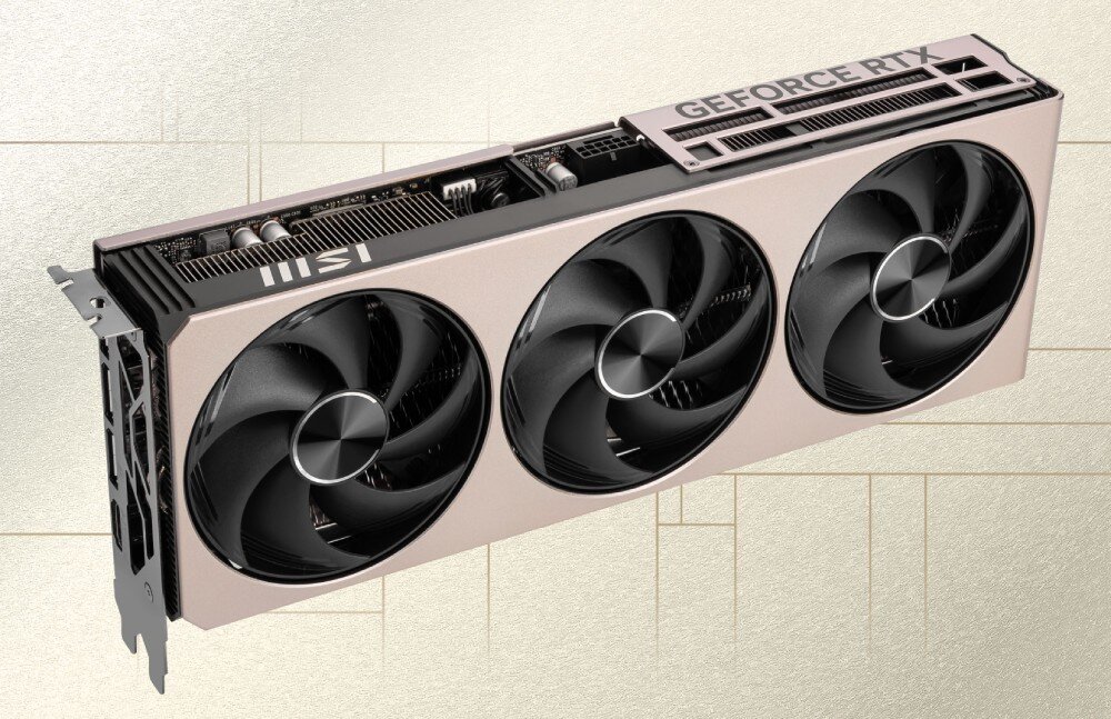 Karta graficzna MSI GeForce RTX 5070 Ti 16GB Inspire 3X OC 16GB Zbliżenie na porty karty graficznej, widoczne trzy złącza DisplayPort i jedno HDMI, architektura, rdzenie CUDA, pamięć