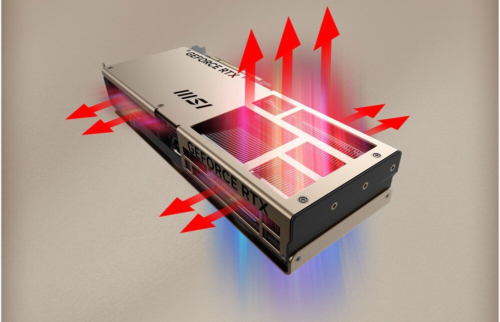 Karta graficzna MSI GeForce RTX 5070 Ti 16GB Inspire 3X OC 16GB Tylna płyta karty graficznej z otworami wentylacyjnymi i strzałkami symbolizującymi przepływ powietrza, metalowa tylna płyta, otwory wentylacyjne