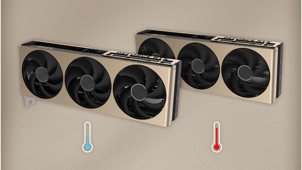 Karta graficzna MSI GeForce RTX 5070 Ti 16GB Inspire 3X OC 16GB Dwie karty graficzne z ikonami termometrów symbolizującymi niską i wysoką temperaturę, głośność, technologia Zero Frozr