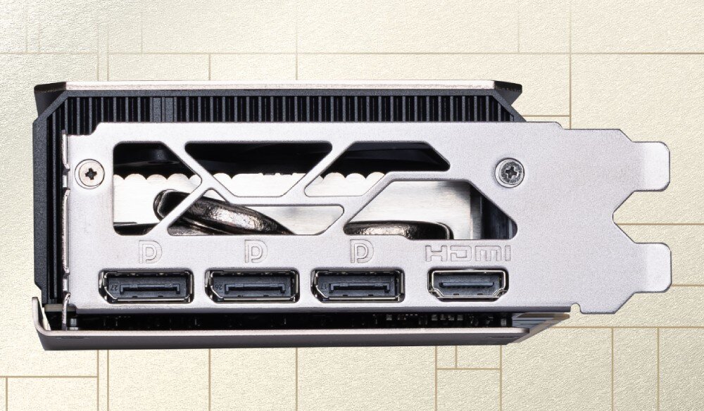 Karta graficzna MSI GeForce RTX 5070 Ti 16GB Inspire 3X OC 16GB Karta graficzna na tle schematycznego rysunku technicznego, porty, złącza