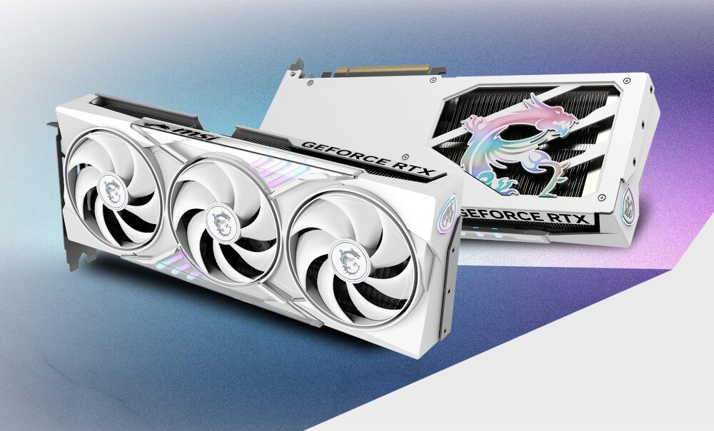 Karta graficzna MSI GeForce RTX 5060 Ti Gaming Trio OC White 16GB Dwie karty obok siebie, jedna przodem z trzema wentylatorami i kolorowymi paskami, druga tyłem z backplate i wycięciem z logo smoka, parametry, układ graficzny, rdzenie CUDA