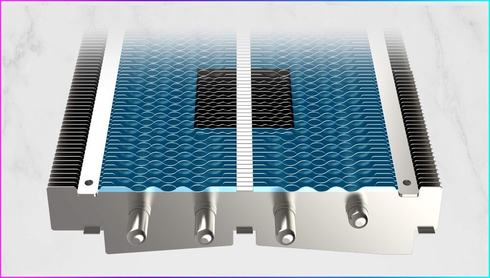 Karta graficzna MSI GeForce RTX 5060 Ti Gaming Trio OC White 16GB Aluminiowy radiator z pofalowanymi kanałami przepływu i czterema końcówkami rurek cieplnych u dołu w ujęciu z góry, radiator, żebra