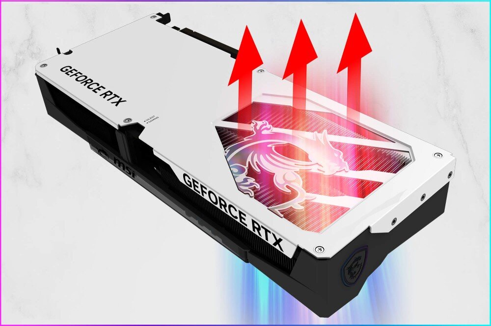 Karta graficzna MSI GeForce RTX 5060 Ti Gaming Trio OC White 16GB Backplate z oknem nad radiatorem i trzema czerwonymi strzałkami skierowanymi w górę symbolizującymi kierunek przepływu ciepła, metalowy backplate, otwory wentylacyjne