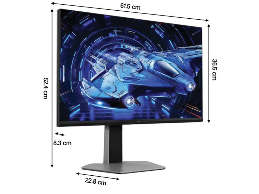 Monitor TCL 27G64 27 cali 2560x1440px 180Hz 1 ms [GTG] prezentacja monitora i jego wymiarów na jasnym tle wysokość całkowita 524 mm szerokość 615 mm dopasowanie do różnych przestrzeni wysokość ekranu 365 mm podstawa głębokość 228 mm stabilność