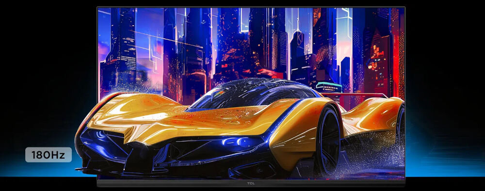 Monitor TCL 27G64 27 cali 2560x1440px 180Hz 1 ms [GTG] prezentacja możliwości monitora 180 Hz samochód wychodzący z ekranu czas reakcji 1 ms wyraźny obraz bez rozmyć i opóźnień
