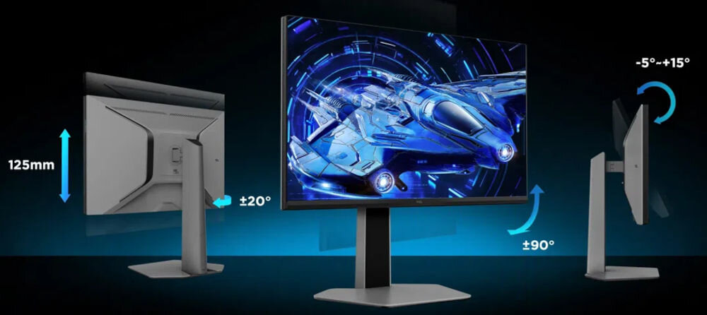 Monitor TCL 27G64 27 cali 2560x1440px 180Hz 1 ms [GTG] prezentacja regulacji monitora dopasowanie do indywidualnej pozycji wsparcie zachowania prawidłowej postawy redukcja napięcia karku