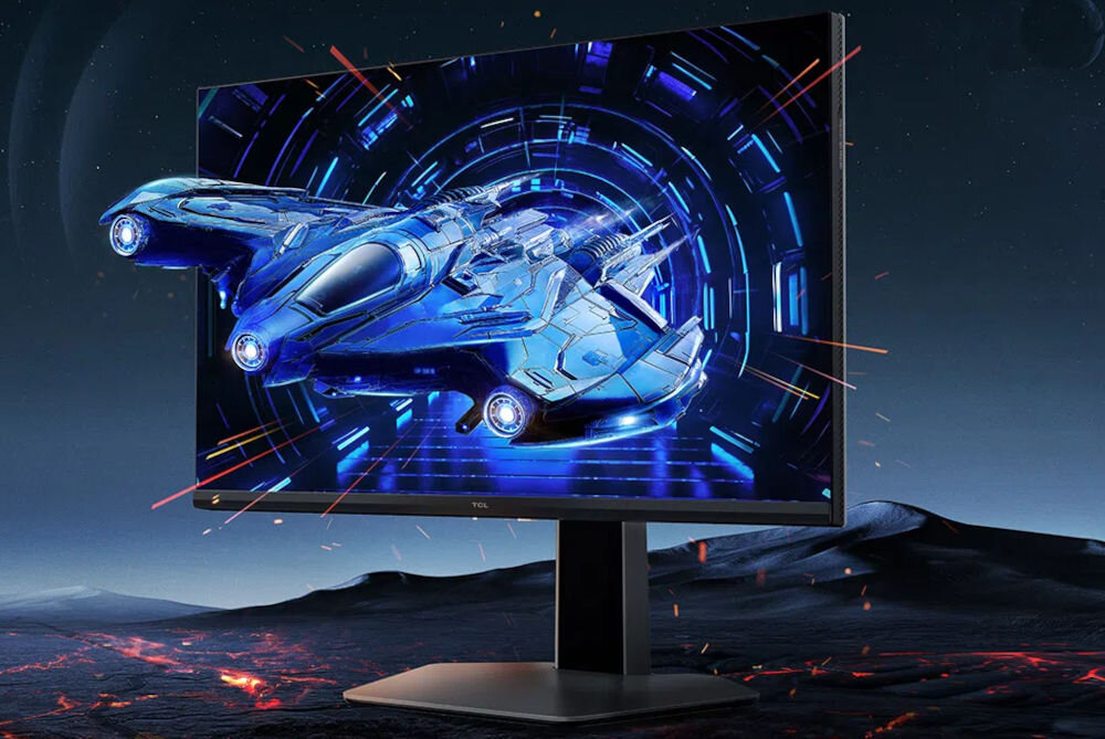 Monitor TCL 25G64 25 cali 1920x1080px IPS 300Hz 1 ms [GTG] prezentacja monitora na galaktycznym tle statek kosmiczny wychodzący z monitora
