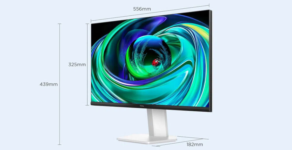 Monitor TCL 25G54 25 cali 1920x1080px IPS 144Hz prezentacja monitora i jego wymiarów na jasnym tle wysokość całkowita 439 mm szerokość 556 mm dopasowanie do różnych przestrzeni wysokość ekranu 325 mm podstawa głębokość 182 mm stabilność