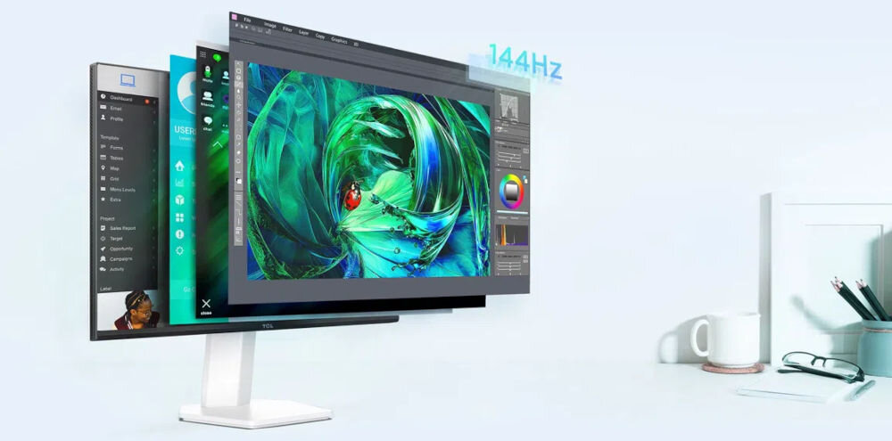 Monitor TCL 25G54 25 cali 1920x1080px IPS 144Hz prezentacja możliwości monitora i jego wielozadaniowości płynne przewijanie zawartości dynamiczne przełączanie okien ograniczenie efektów smużenia i zacinania