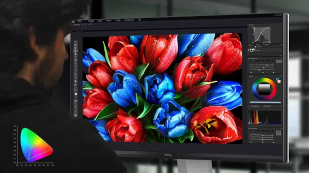 Monitor TCL 25G54 25 cali 1920x1080px IPS 144Hz prezentacja monitora podczas pracy graficznej tryby kolorystyczne DCI-P3 i sRGB różnica Delta E poniżej 2 istotne w zadaniach związanych z edycją materiałów graficznych stałość powtarzalność kolorów