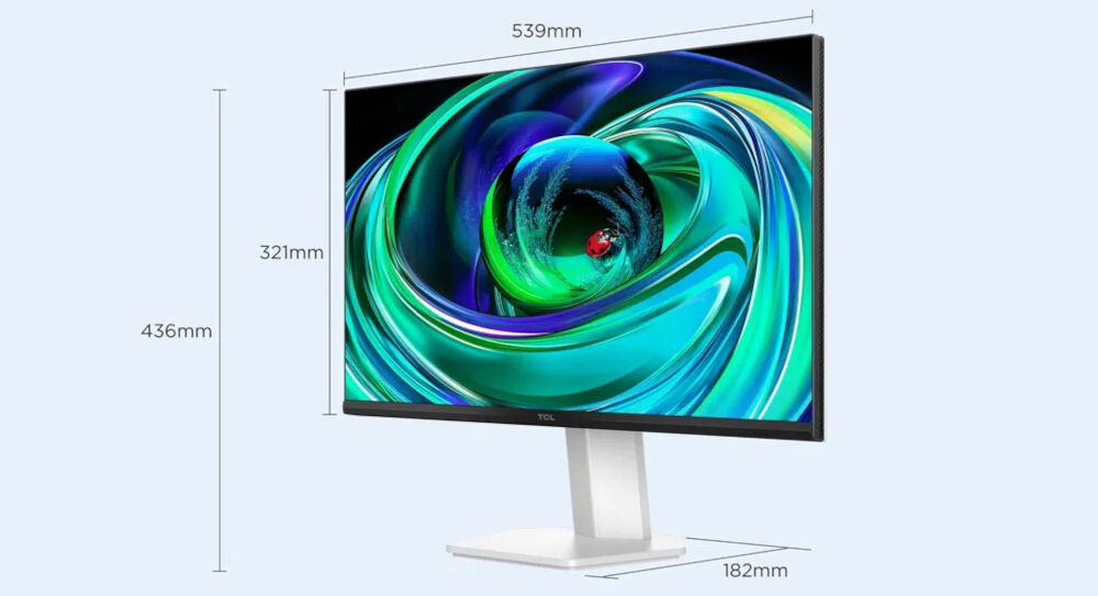 Monitor TCL 24G54 24 cali 1920x1080px 100Hz prezentacja monitora i jego wymiarów na jasnym tle wysokość całkowita 436 mm szerokość 539 mm dopasowanie do różnych przestrzeni wysokość ekranu 321 mm podstawa głębokość 182 mm stabilność