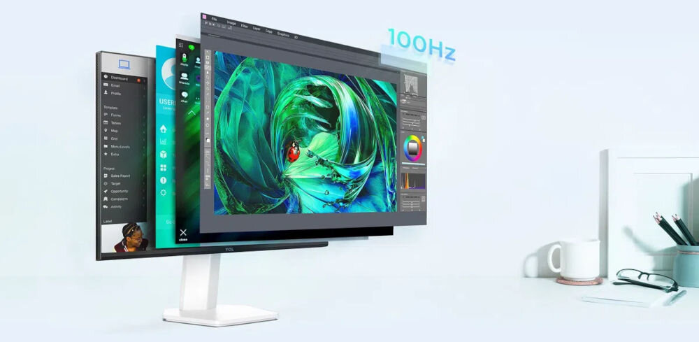 Monitor TCL 24G54 24 cali 1920x1080px 100Hz prezentacja możliwości monitora i jego wielozadaniowości płynne przewijanie zawartości dynamiczne przełączanie okien ograniczenie efektów smużenia i zacinania
