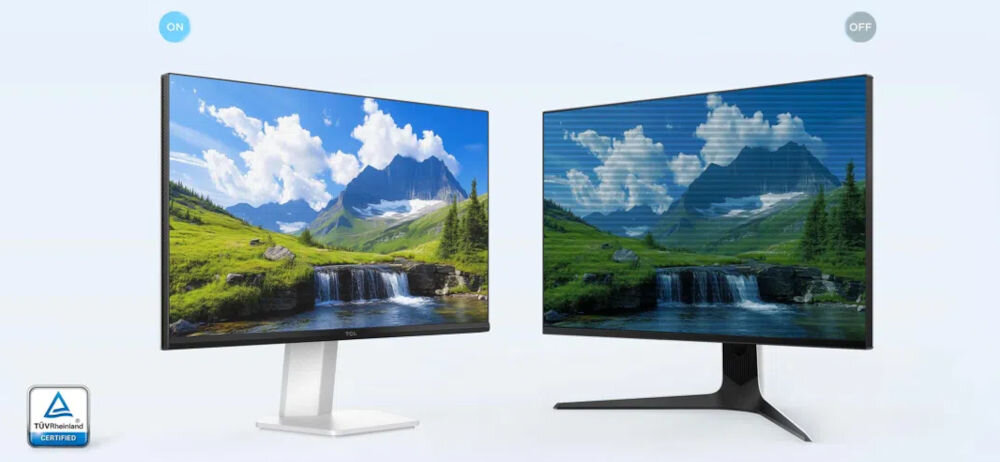 Monitor TCL 24G54 24 cali 1920x1080px 100Hz prezentacja porównania dwóch monitorów jeden z powłoką ochronną drugi bez certyfikaty Low Blue Light Flicker-Free TÜV Rheinland tryb ochrony wzroku ograniczenie emisji niebieskiego światła eliminacja efektu migotania wsparcie komfortu