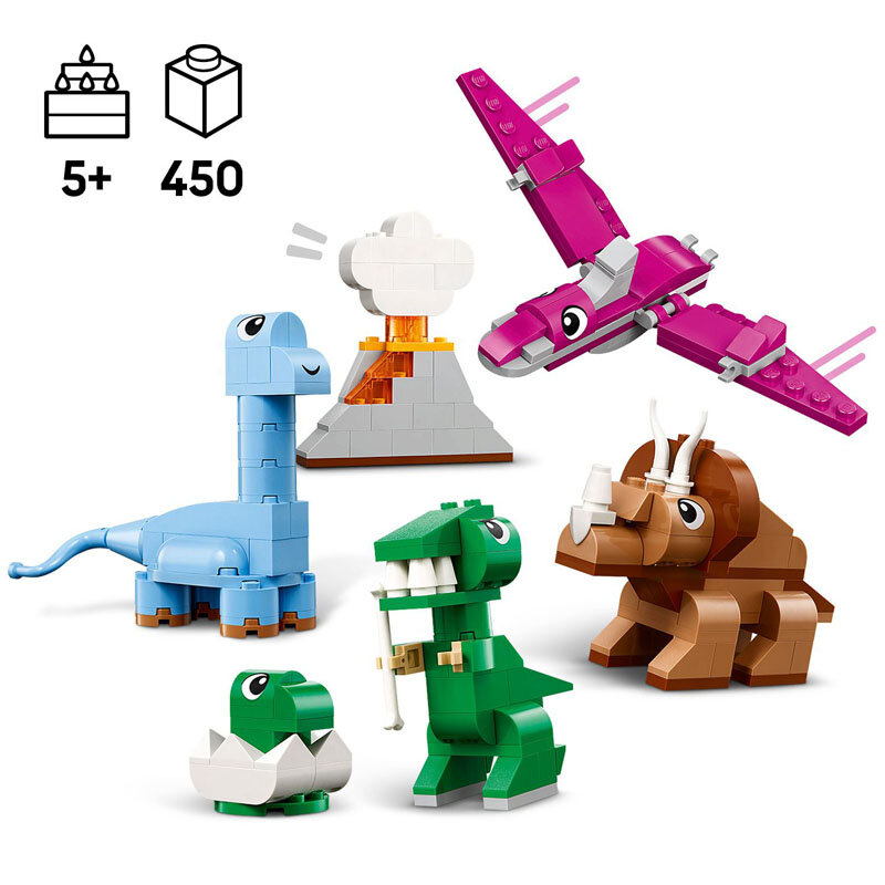 Na obrazie widoczne są kolorowe modele dinozaurów z klocków, w tym niebieski, zielony, brązowy i różowy, oraz wulkan z klocków. W lewym górnym rogu znajdują się ikony z cyfrą \'5+\' i liczbą \'450\'.