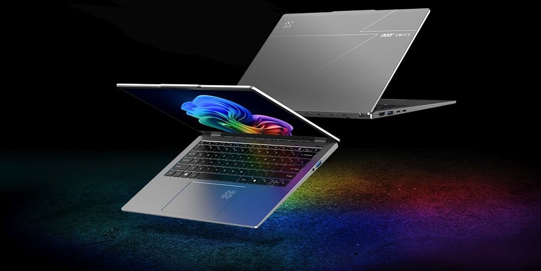 Dwa laptopy Acer Swift Go 14 AI w srebrnej obudowie unoszące się na tle kolorowych efektów świetlnych w odcieniach niebieskiego i fioletowego, z kolorową, abstrakcyjną tapetą na ekranie prezentującą spiralę tęczy, podkreślającą design i technologię AI.