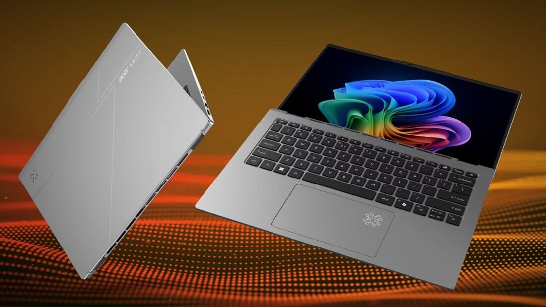 Dwa laptopy Acer Swift Go 14 AI w srebrnej obudowie na tle pomarańczowo-żółtych efektów graficznych z wzorem siatki, jeden otwarty z kolorową spiralą tęczy na ekranie, drugi zamknięty z logo Acer Swift, prezentujące smukły design i elegancką konstrukcję. - Opis serii Swift Go 14 AI