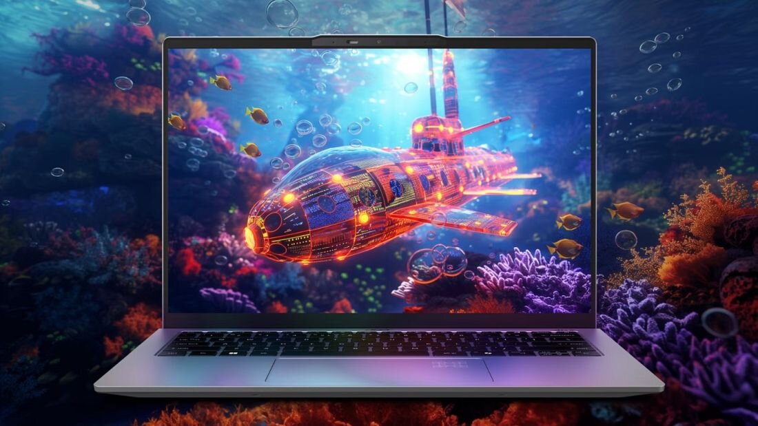 Laptop Acer Swift Go 14 AI w srebrnej obudowie z ekranem OLED prezentującym podwodną scenę z żółtą łodzią podwodną, kolorowymi rybami tropikalnymi i rafą koralową na tle niebieskiego oceanu z bańkami powietrza, podkreślającą żywe kolory wyświetlacza. - wyświetlacz OLED 14 cali o rozdzielczości 1920 x 1200 px