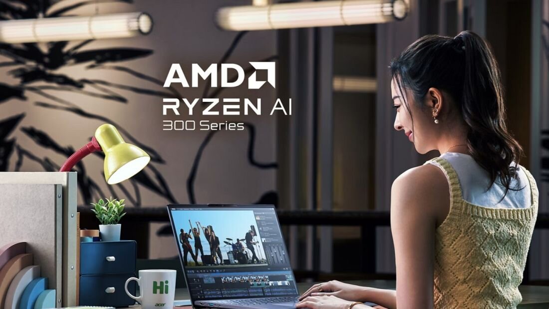 Kobieta w zielonej kamizelce pracująca na laptopie Acer Swift Go 14 AI w nowoczesnym wnętrzu z panoramicznymi oknami, na ekranie aplikacja do edycji wideo z kolorowymi klipami, w tle żółta lampa biurkowa i rośliny, z logo AMD Ryzen AI 300 Series, podkreślającym wydajność procesora. – procesor AMD Ryzen AI 5 340 z architekturą Zen 5