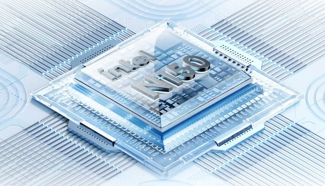 Wizualizacja procesora Intel Alder-N N150 umieszczonego na futurystycznej, podświetlonej na niebiesko płycie głównej, otoczonego przez świetlne ścieżki danych, co symbolizuje zaawansowaną technologię i wydajność obliczeniową. - procesor moc działanie