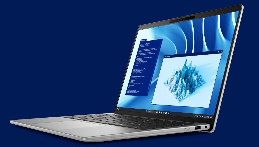 Srebrny laptop DELL Latitude z systemem Windows na niebieskim tle, ekran prezentujący analizę danych 3D oraz notatki tekstowe. - bateria 54 Wh Dell ExpressCharge