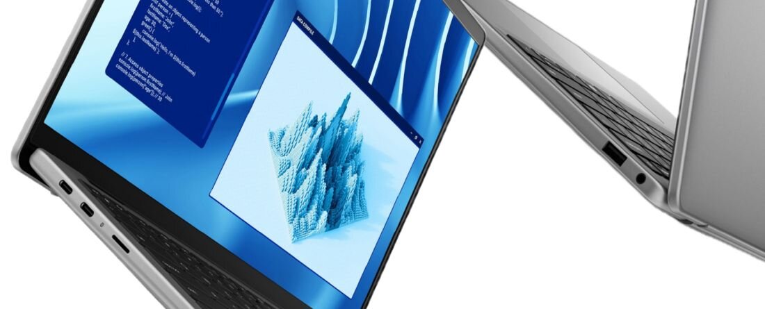 Dwa srebrne laptopy Dell Latitude pokazujące porty HDMI i USB-C, na ekranie analiza danych graficznych 3D na jasnym tle. - USB 3.2 Type-A USB 4 Type-C 