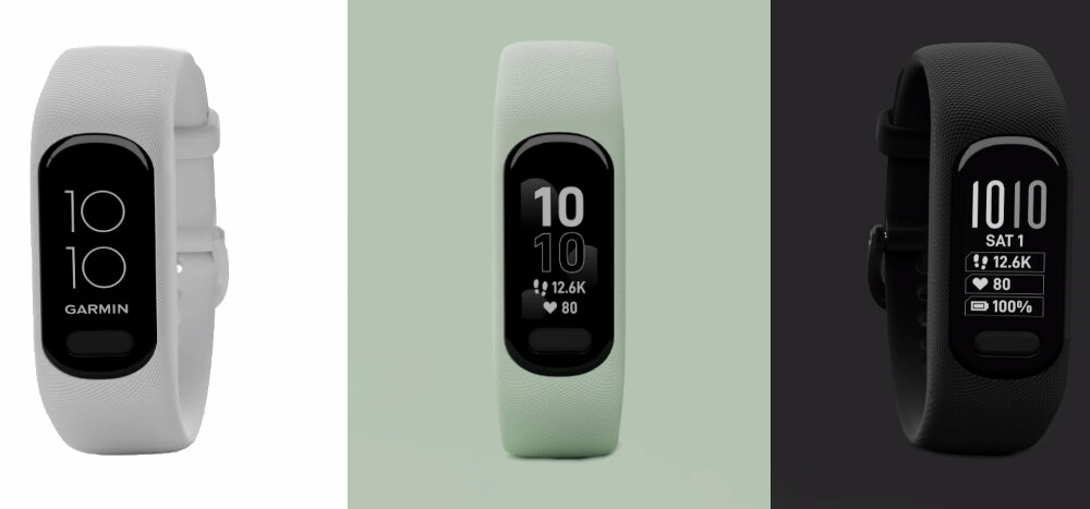 Trzy smartbandy z wyświetlaczami pokazującymi godzinę 10:10, liczbę kroków 12,6K i tętno 80. Na jednym z nich widoczne jest logo \'GARMIN\'.
