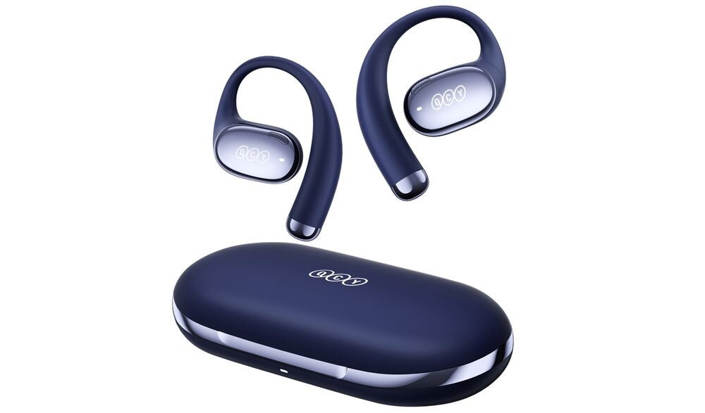 Słuchawki powietrzne QCY Crossky R70 tryby relaksacyjne dźwięki natury multipoint, słuchawki z etui ładującym po skosie na białym tle