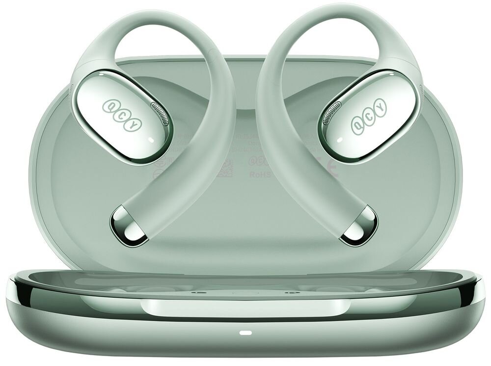 Słuchawki powietrzne QCY Crossky R70 open-ear Direct Pitch lekkie dopasowanie pamięć kształtu, słuchawki z etui ładującym od frontu na białym tle