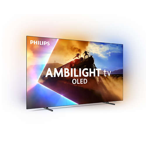 Telewizor OLED z widocznym logo PHILIPS i napisem \'AMBILIGHT tv OLED\'. Na ekranie wyświetlany jest dynamiczny obraz z pociągiem i postaciami na tle nieba.