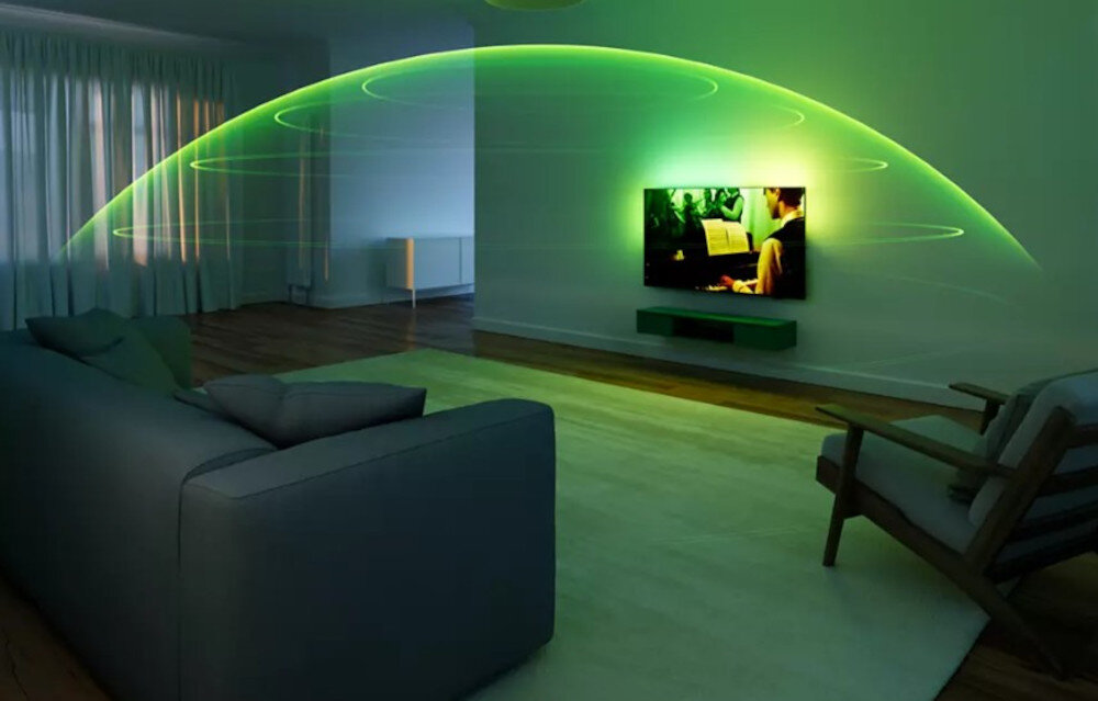 Telewizor PHILIPS 65OLED770 dźwięk przestrzenny Dolby Atmos DTS:X, telewizor zawieszony na ścianie w pomieszczeniu otoczony kopułą dźwięku