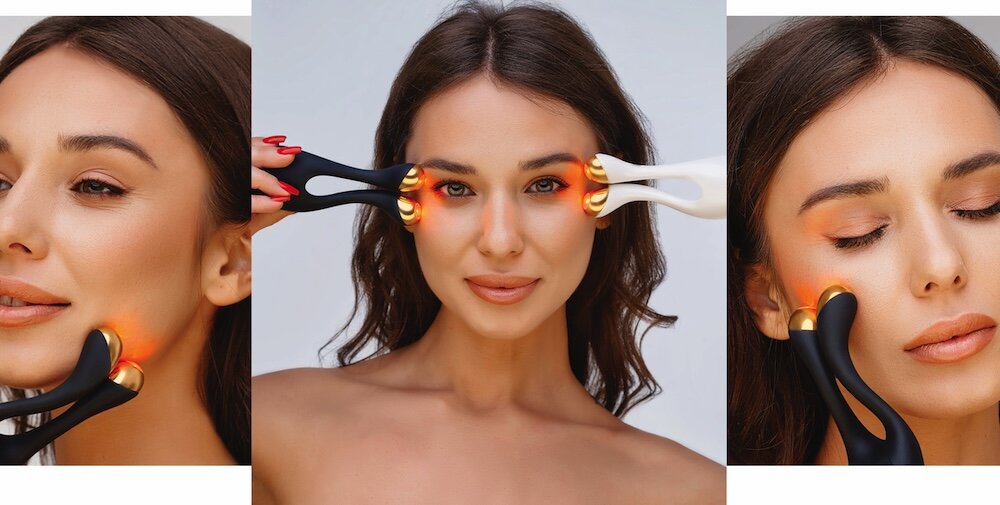 Urządzenie do liftingu twarzy DIFORO Amirta Czarno-złoty + kuferek na kosmetyki Bordowy kv początek opisu