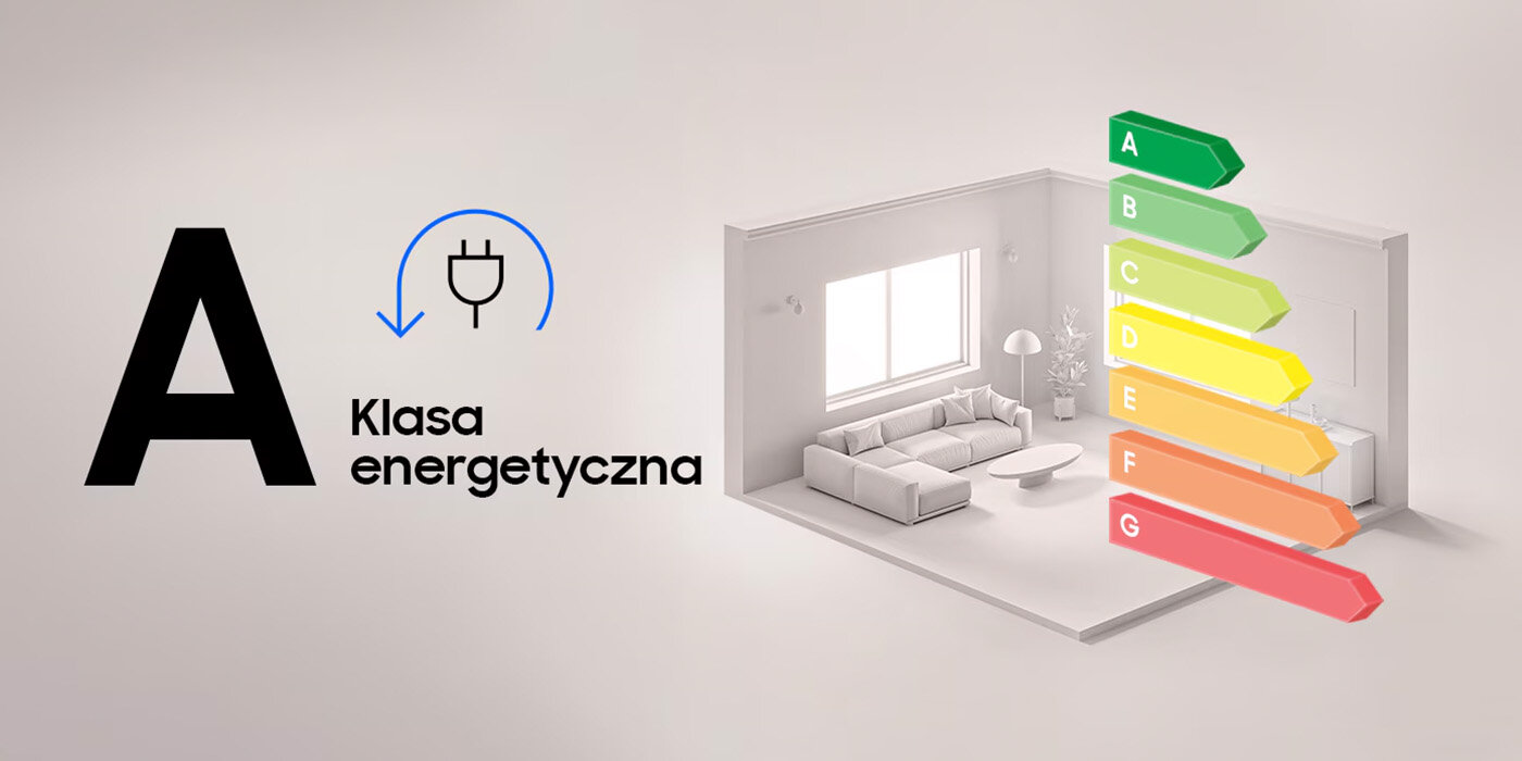 Klasa energetyczna Obraz przedstawia symbol klasy energetycznej A z ikoną wtyczki oraz napis \'Klasa energetyczna\'. Obok znajduje się wizualizacja pokoju z sofą i oknem oraz kolorowa skala energetyczna od A do G.